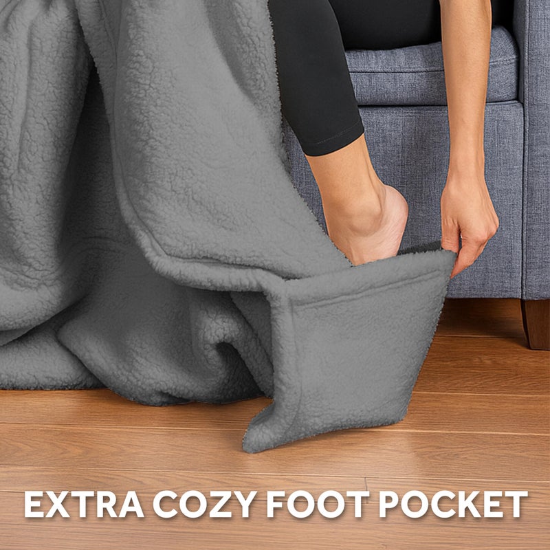 Sunbeam Royal Sherpa Foot Pocket Heated Throw Electric Blanket, 50" x 60", 4 Heat Settings, 4-Hour Auto Shut-Off, Warming Throw for Couch or Bed, Fast Heating, Machine Washable, Grey - Image 5